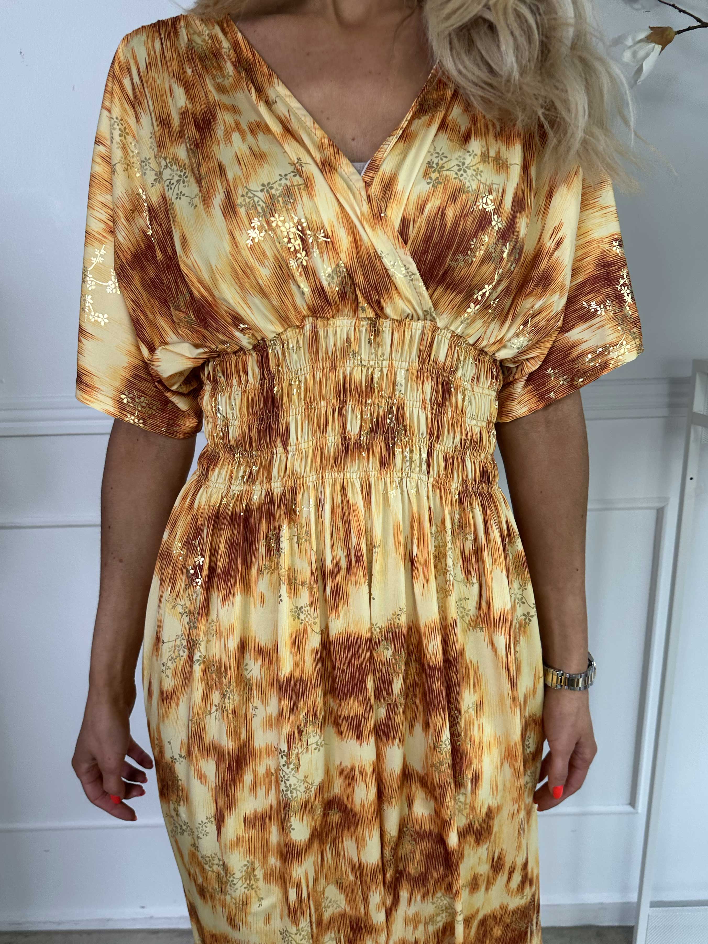 Pams Art Short - Mönstrad elastisk klänning med guldblommor